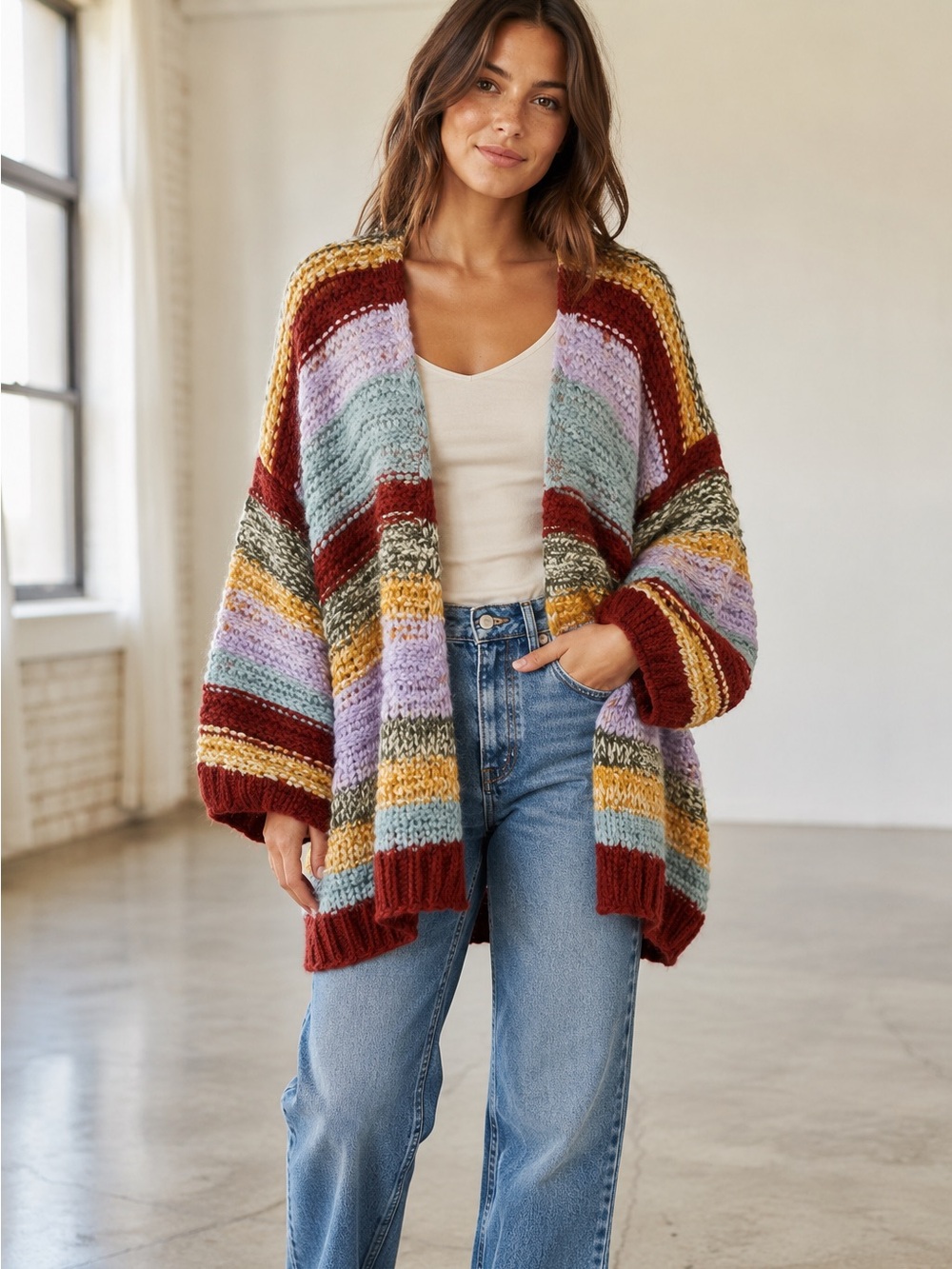 BDG Mckenzie Striped Knit Oversized Cardigan Sweater Chunky Cozy Medium